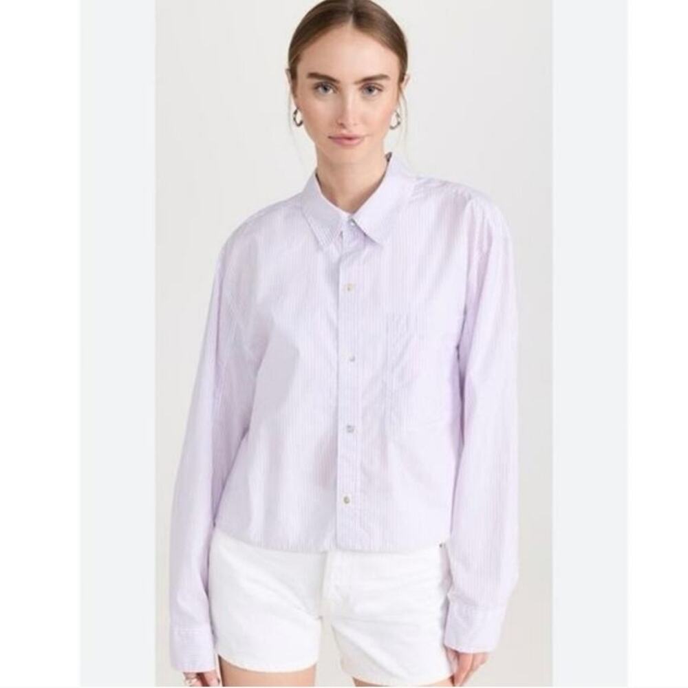 AMO Ruth Striped Cropped Button Front Up Top Shirt Small